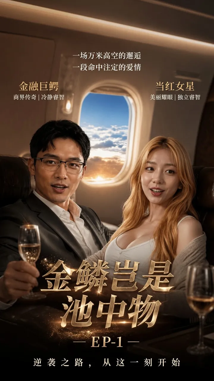 梦境入侵AI短剧主视觉，高空机舱内男女主角对坐的场景